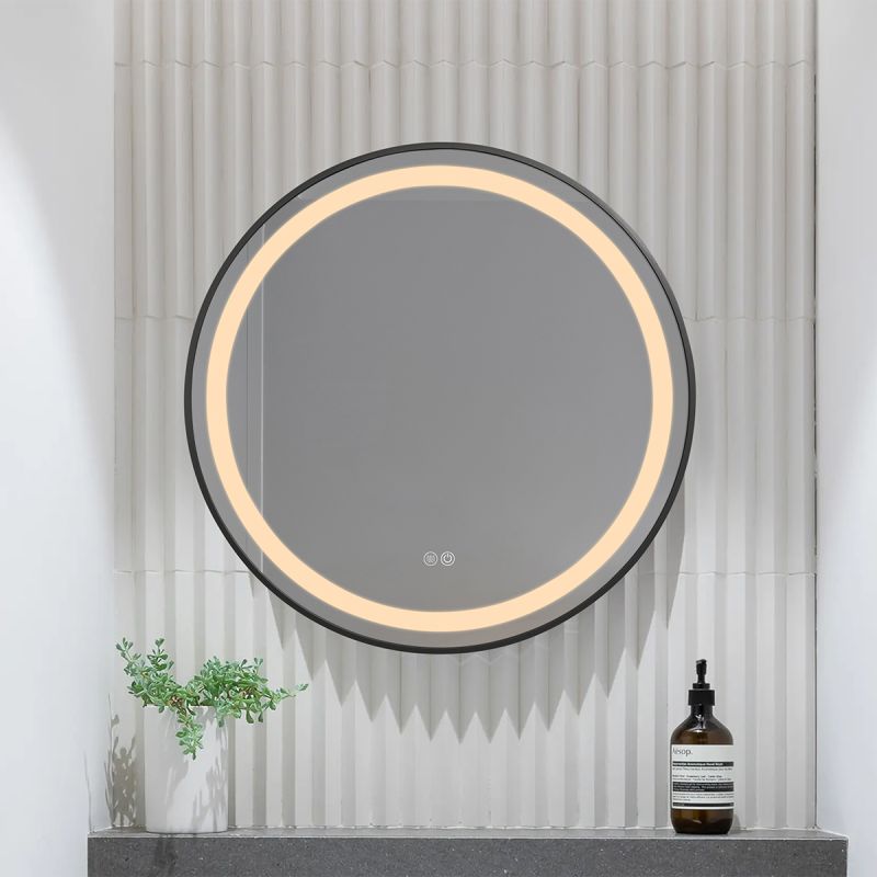 Oglinda Led, Dezaburire, Buton Touch, sticla 5 mm, Cadru negru, 3 Culori, Intensitate reglabila, dimensiuni 80, 90 cm, Cezara