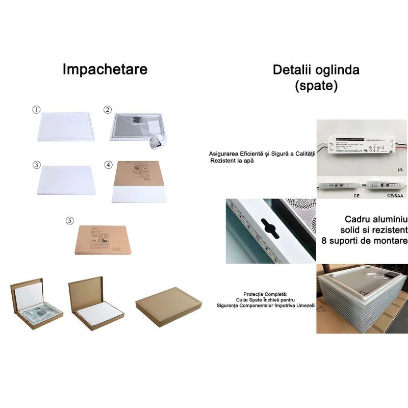 Oglinda Led, Dezaburire, Buton Touch, sticla 5 mm, Cadru negru, 3 Culori, Intensitate reglabila, dimensiuni 80, 90 cm, Cezara