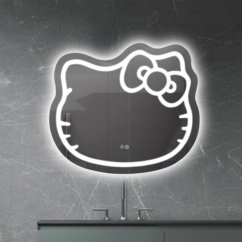 Oglinda Led, sticla 5 mm,  Dezaburire, Buton Touch, 3 Culori, Intensitate reglabila, dimensiuni 80 x 70 cm, Hello Kitty