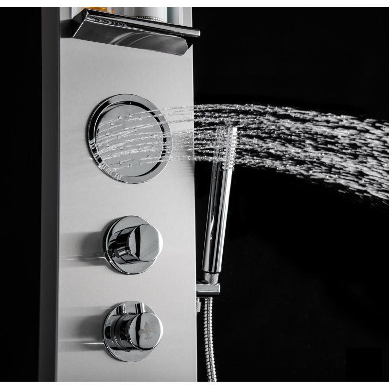 Panel de dus EGO-423S, Raft integrat, otel inoxidabil, Ploaie, Cascada si hidromasaj, finisaj crom