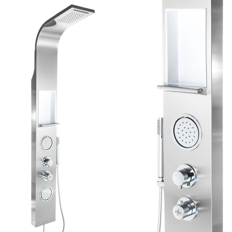 Panel de dus EGO-423S, Raft integrat, otel inoxidabil, Ploaie, Cascada si hidromasaj, finisaj crom