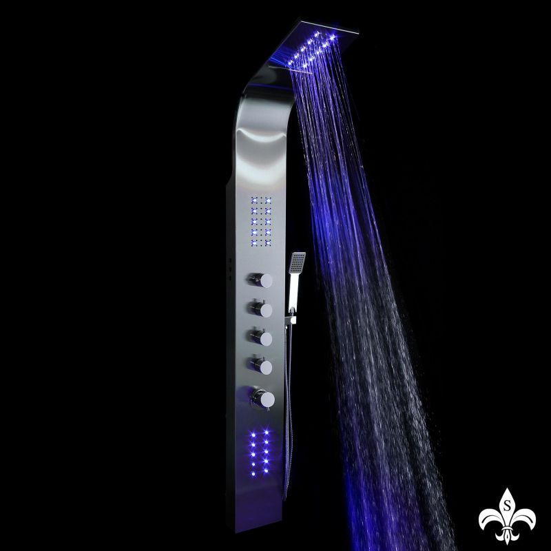 Panel dus EGO-9997, iluminare LED , cu sau fara Termostat si RGB, otel inoxidabil, finisaj crom, Cascada,  ploaie si hidromasaj
