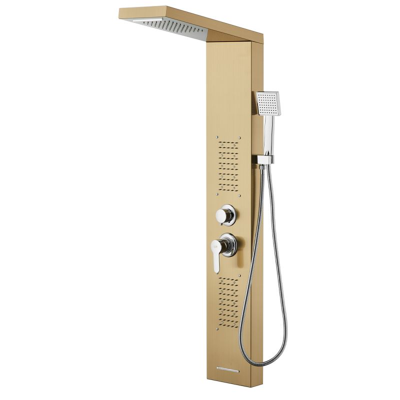 Panel dus, iluminare Led, 5 functii, Cascada, Ploaie tropicala, dus de mana, otel inoxidabil, Auriu Mat, Aurora
