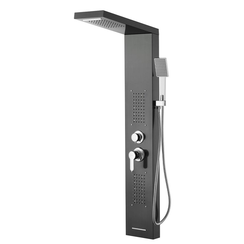 Panel dus, iluminare Led, 5 functii, Cascada, Ploaie tropicala, dus de mana, otel inoxidabil, Negru, Aurora