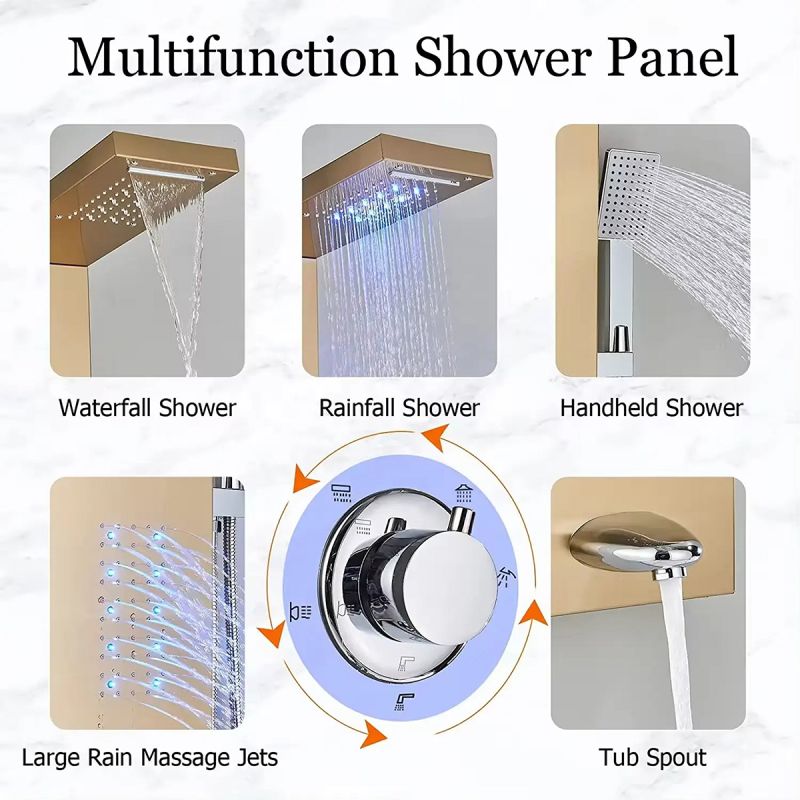 Panel dus, iluminare Led, 5 functii, Cascada, Ploaie tropicala, dus de mana, otel inoxidabil, Negru, Aurora