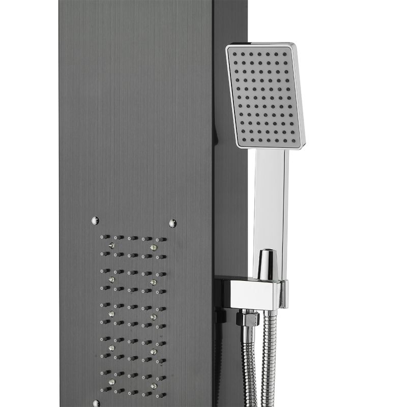 Panel dus, iluminare Led, 5 functii, Cascada, Ploaie tropicala, dus de mana, otel inoxidabil, Negru, Aurora