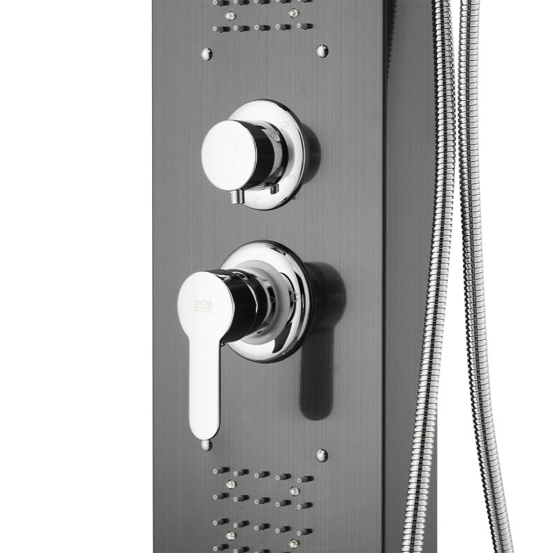 Panel dus, iluminare Led, 5 functii, Cascada, Ploaie tropicala, dus de mana, otel inoxidabil, Negru, Aurora