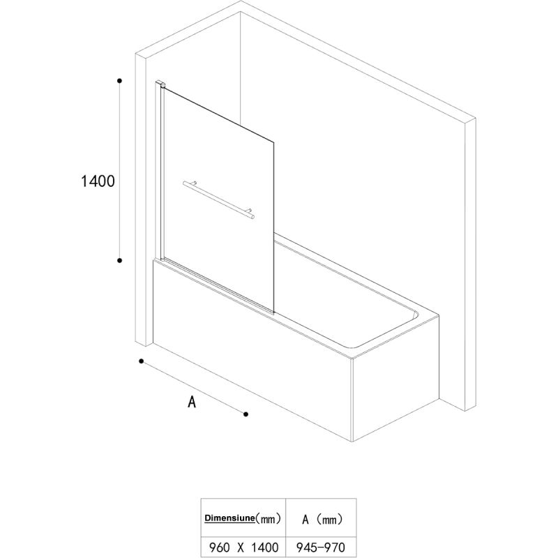 Paravan cada EGO-1121, sticla securizata 6 mm, Transparent sau Sablata partial, 94x140 cm, pivotant 180°, Nano Easy Clean