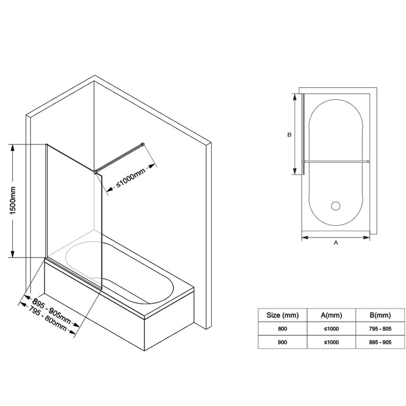 Paravan cada, fix, transparent, profile Auriu Mat, sticla securizata 8 mm, 80-90x150 cm , Nora