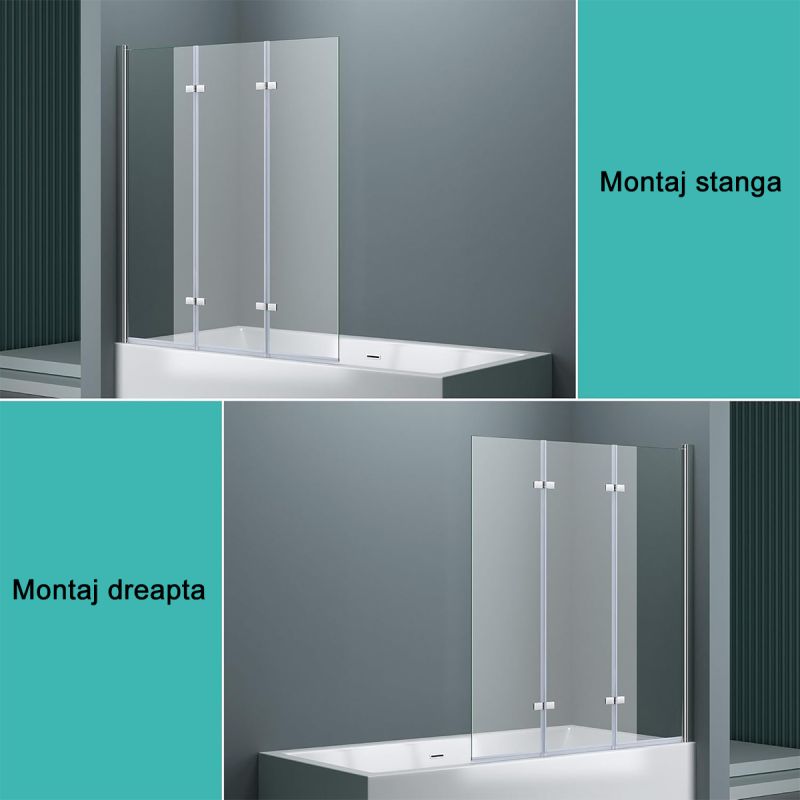 Paravan pliabil 116,130x140 cm, sticla 6 mm, pivotant 180°, montaj pe stanga, tratament Nano Easy Clean