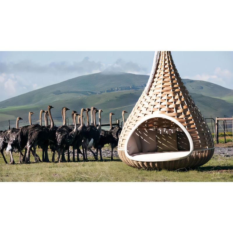 Pat exterior tip cuib, gradina terasa, 10 perne, aluminiu, impletitura din ratan, diametru 180x220 cm, Rustica