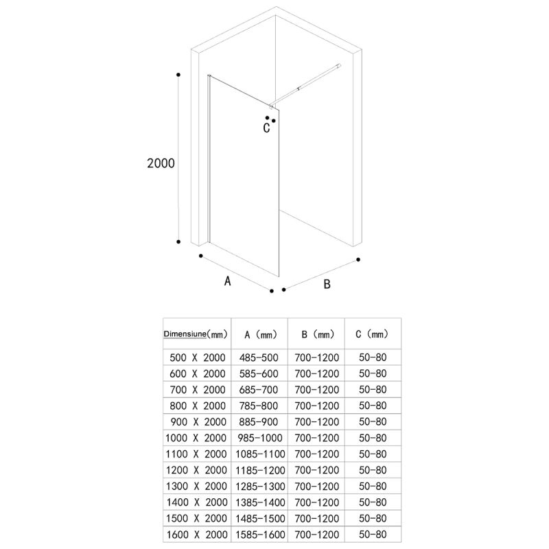 Perete dus Walk-In, sticla securizata 10 mm, transparenta, dimensiuni 80, 100, 120, 140 cm, Lotus Efect, Sicilia