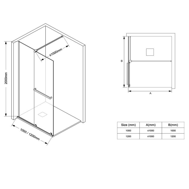 Perete dus Walk-In, sticla securizata de 6 mm, 2 elemente, glisant, dimensiuni 100-120x200 cm,  Negru Mat, Benito