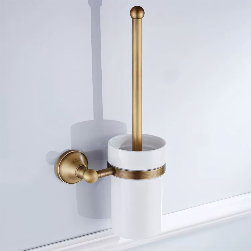 Perie toaleta cu suport inclus, montaj pe perete, Auriu Mat, Alama, Ceramica, Velvet