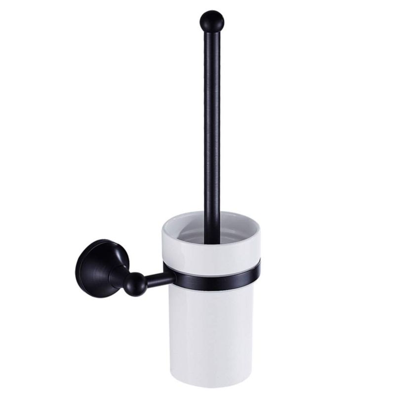Perie toaleta cu suport inclus, montaj pe perete, Negru Lucios, Alama, Ceramica, Velvet