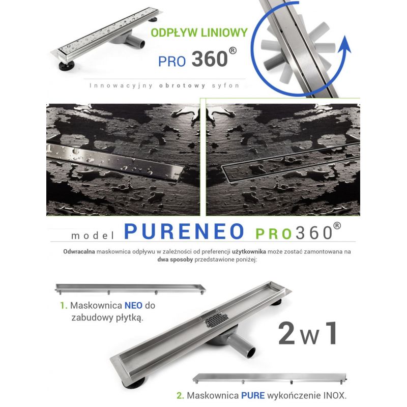 Rigola scurgere dus, Pure Pro, dimensiune 100 cm, faiantabil, sifon 360, otel inoxidabil