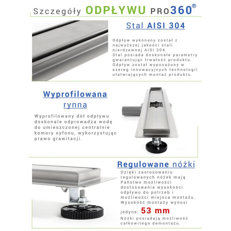 Rigola scurgere dus, Pure Pro, dimensiune 100 cm, faiantabil, sifon 360, otel inoxidabil