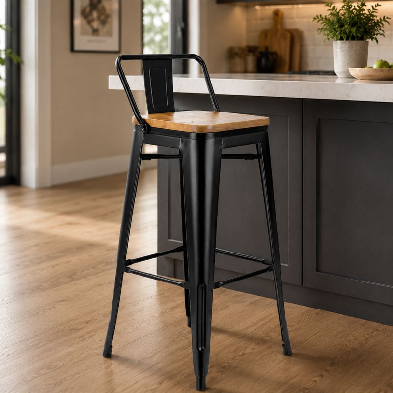Scaun de bar, cadru ranforsat, fier, sezut din lemn de ulm, design industrial, 43x43x76 cm, Timo