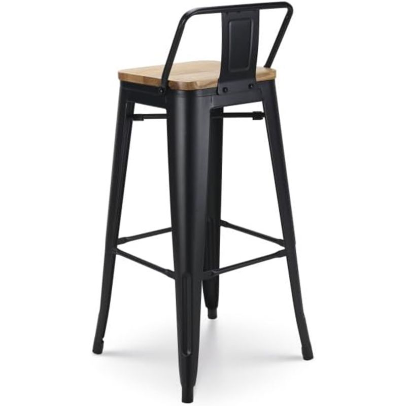 Scaun de bar, cadru ranforsat, fier, sezut din lemn de ulm, design industrial, 43x43x76 cm, Timo