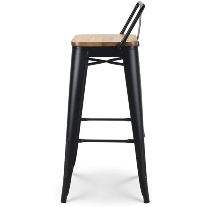 Scaun de bar, cadru ranforsat, fier, sezut din lemn de ulm, design industrial, 43x43x76 cm, Timo