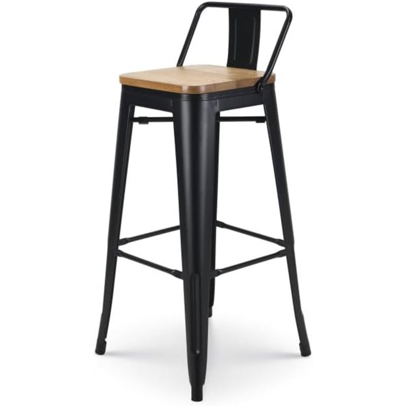 Scaun de bar, cadru ranforsat, fier, sezut din lemn de ulm, design industrial, 43x43x76 cm, Timo