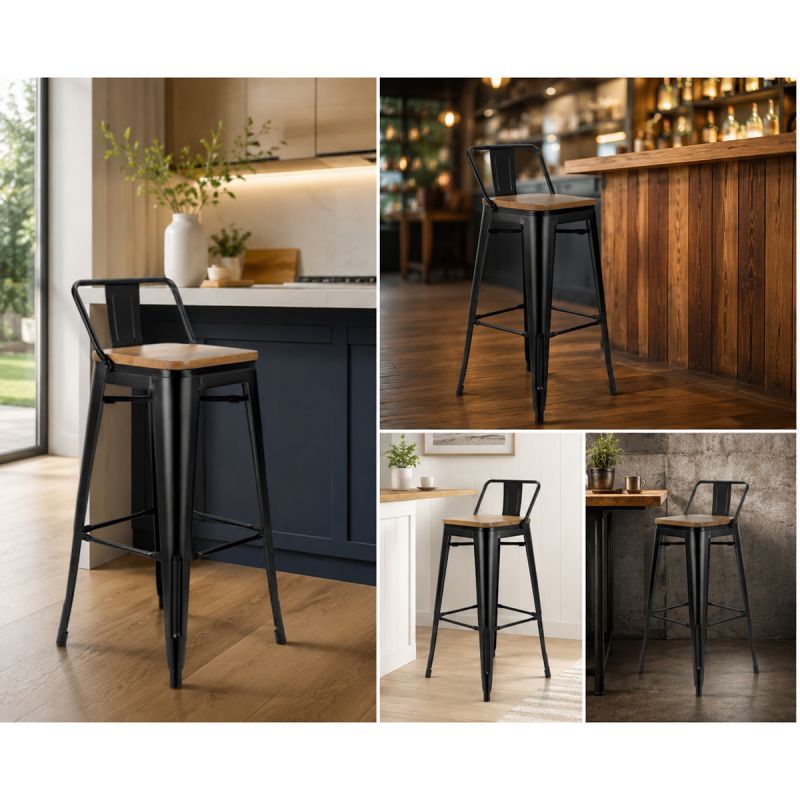 Scaun de bar, cadru ranforsat, fier, sezut din lemn de ulm, design industrial, 43x43x76 cm, Timo