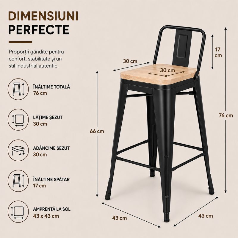 Scaun de bar, cadru ranforsat, fier, sezut din lemn de ulm, design industrial, 43x43x76 cm, Timo