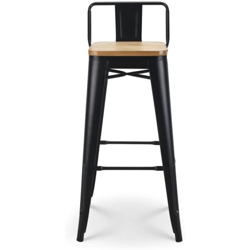 Scaun de bar, cadru ranforsat, fier, sezut din lemn de ulm, design industrial, 43x43x76 cm, Timo