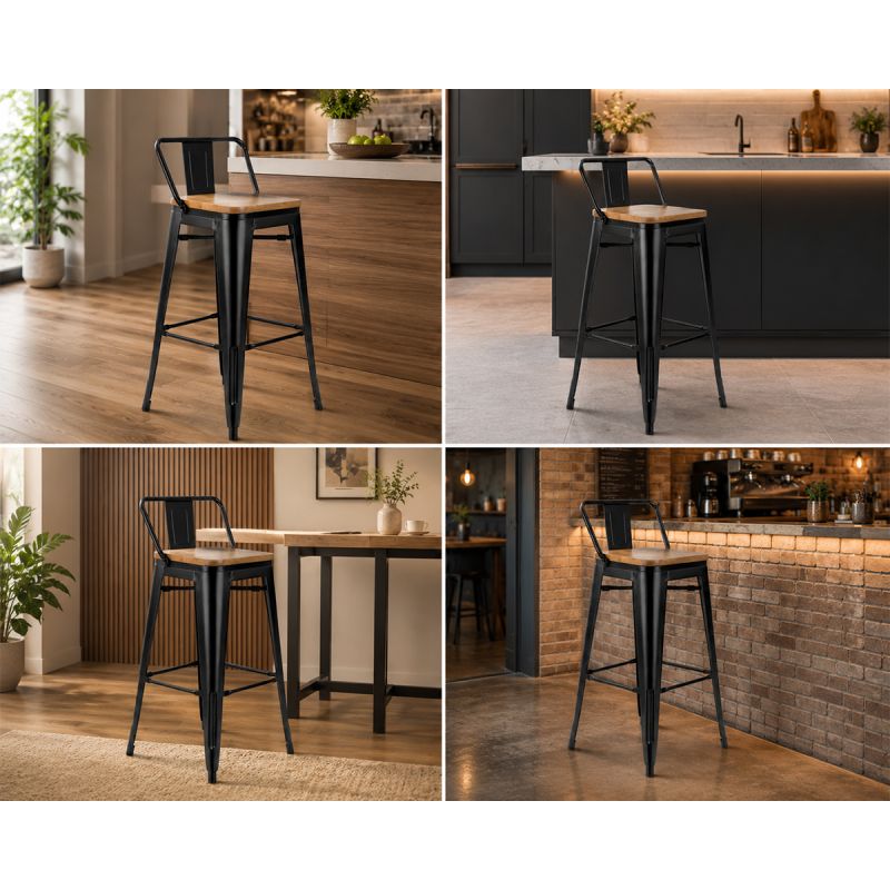 Scaun de bar, cadru ranforsat, fier, sezut din lemn de ulm, design industrial, 43x43x76 cm, Timo