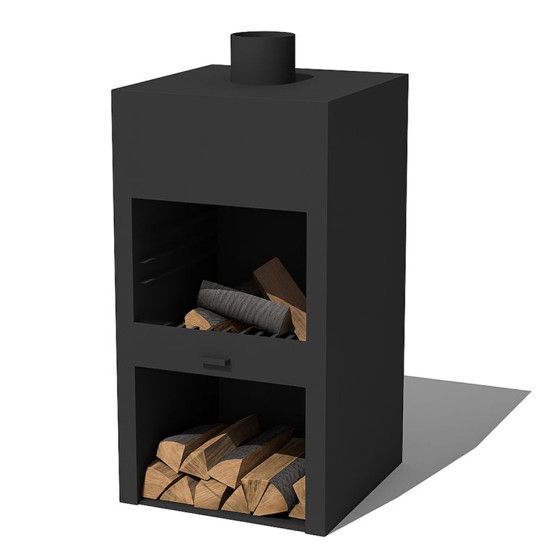 Semineu cu gratar, Negru, Soba de gradina, 60x50x150 cm, otel corten de 1.5 mm, spatiu pentru lemne, Atlas