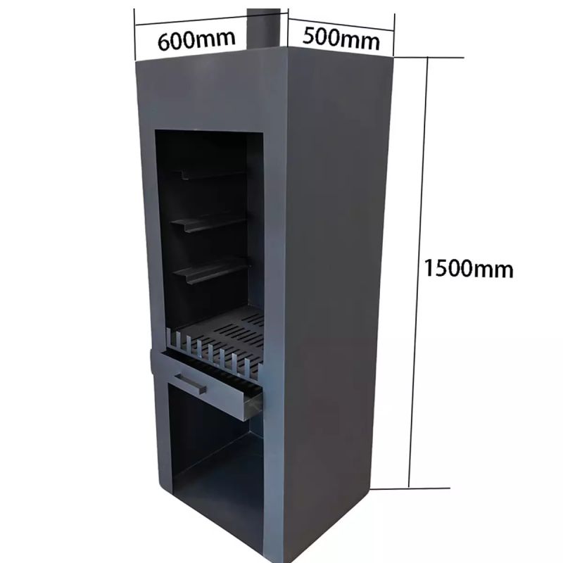 Semineu cu gratar, Negru, Soba de gradina, 60x50x150 cm, otel corten de 1.5 mm, spatiu pentru lemne, Atlas