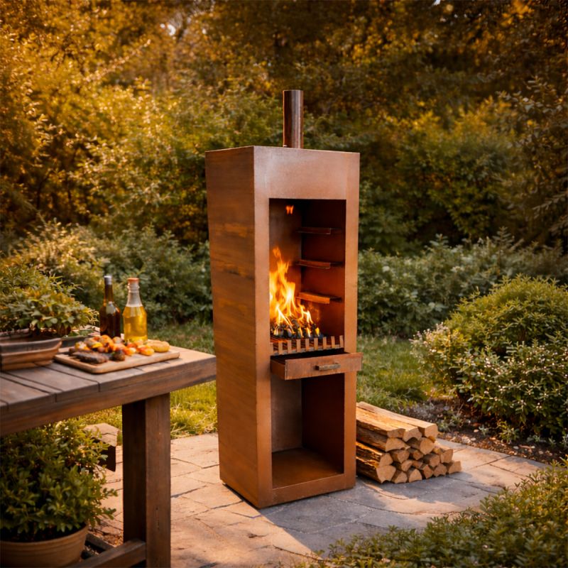 Semineu cu gratar, Soba de gradina, Ruginiu, corten de 1.5 mm, spatiu pentru lemne, 60x50x150 cm, Atlas