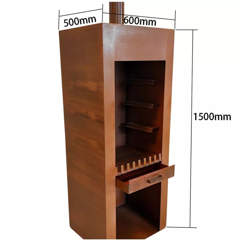 Semineu cu gratar, Soba de gradina, Ruginiu, corten de 1.5 mm, spatiu pentru lemne, 60x50x150 cm, Atlas