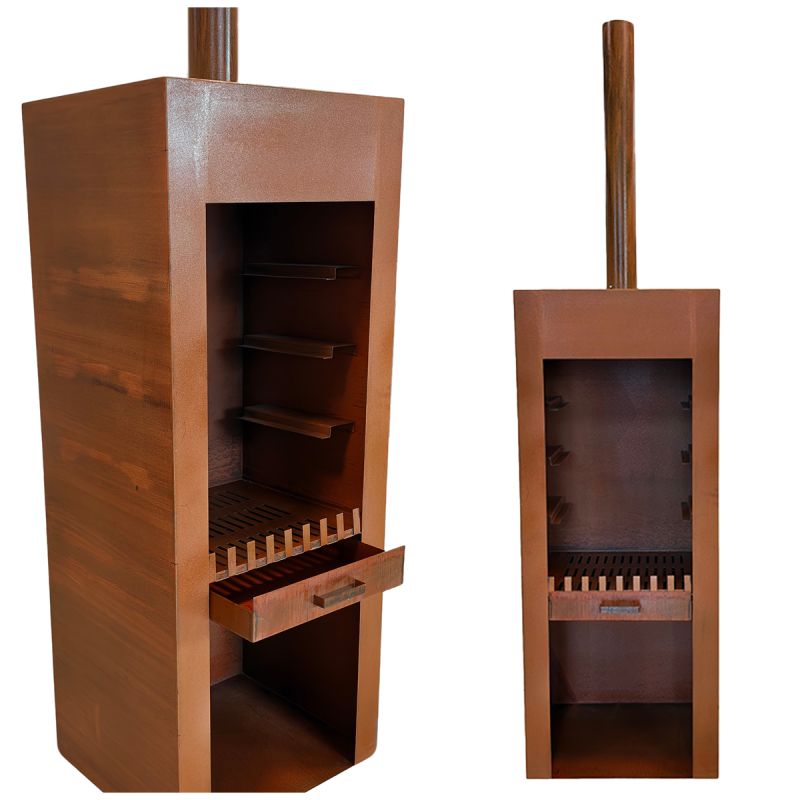 Semineu cu gratar, Soba de gradina, Ruginiu, corten de 1.5 mm, spatiu pentru lemne, 60x50x150 cm, Atlas
