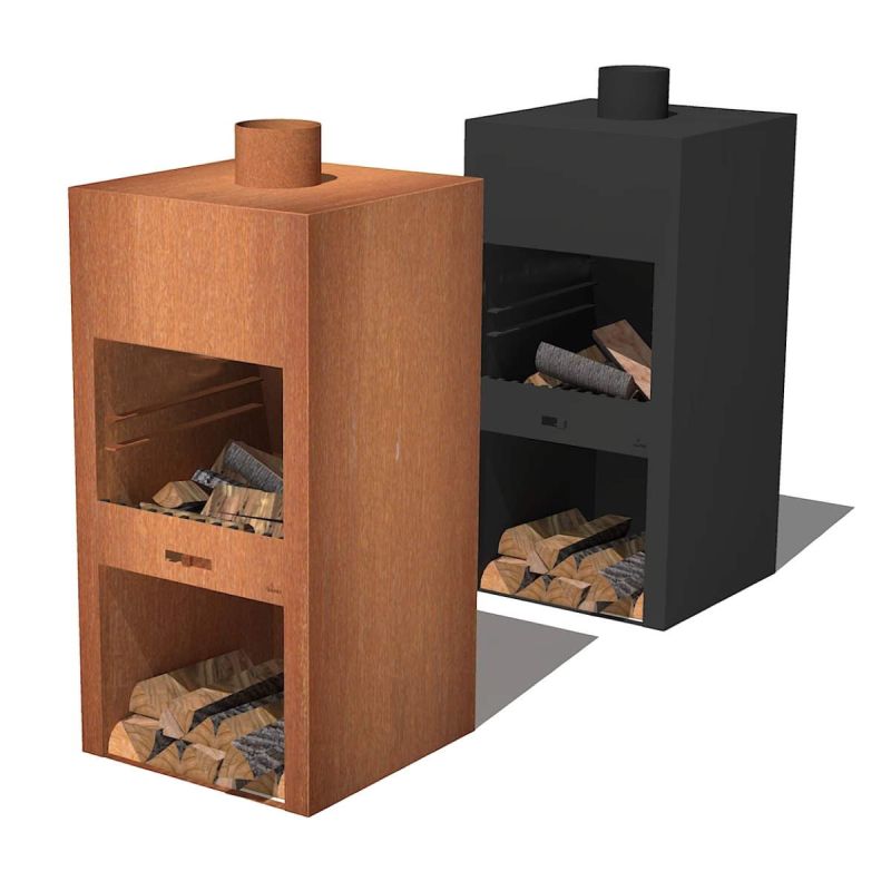 Semineu cu gratar, Soba de gradina, Ruginiu, corten de 1.5 mm, spatiu pentru lemne, 60x50x150 cm, Atlas