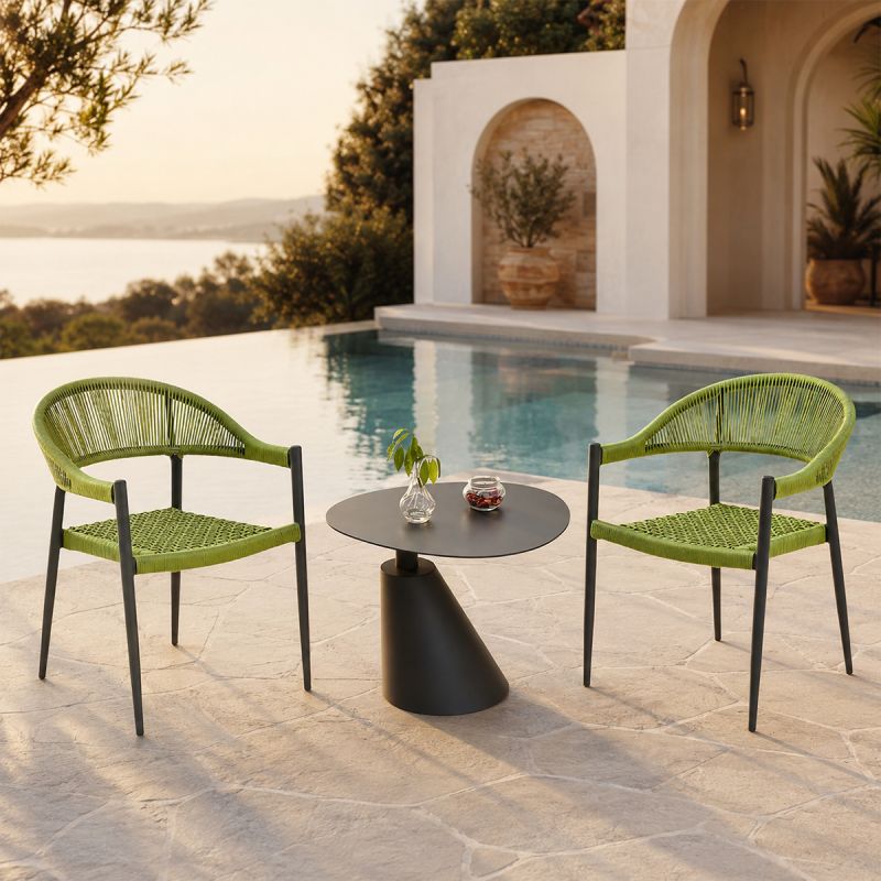 Set masa cu 2 scaune impletitura tip funie verde, terasa sau gradina, aluminiu dark grey,  Oasis