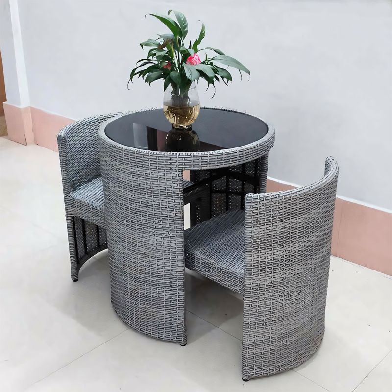 Set masa cu 2 scaune pliabil stivuibil, gradina, terasa, poliratan, blat de sticla, diametru 65 cm, Palermo