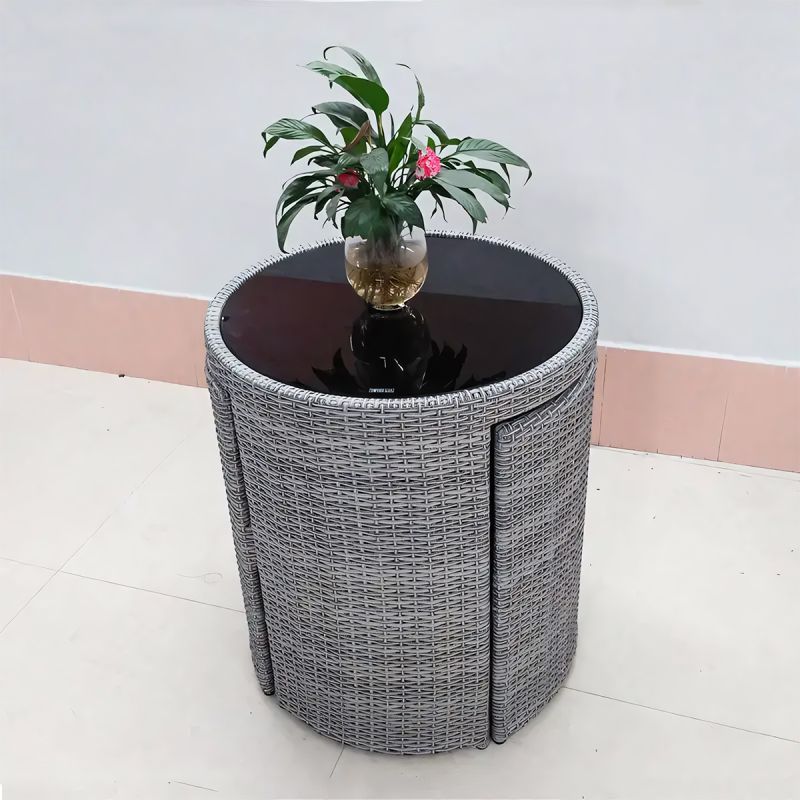 Set masa cu 2 scaune pliabil stivuibil, gradina, terasa, poliratan, blat de sticla, diametru 65 cm, Palermo