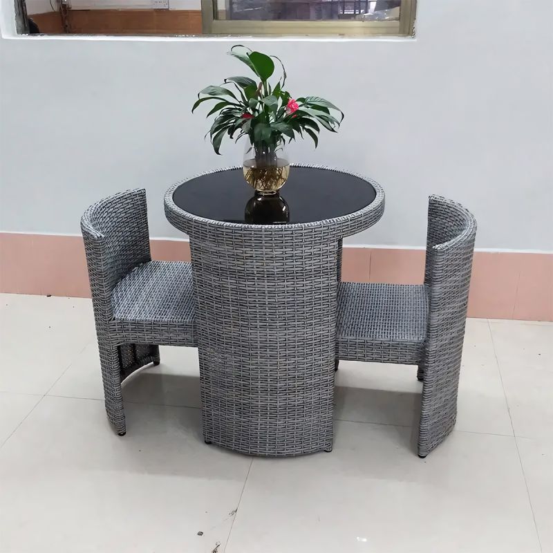 Set masa cu 2 scaune pliabil stivuibil, gradina, terasa, poliratan, blat de sticla, diametru 65 cm, Palermo