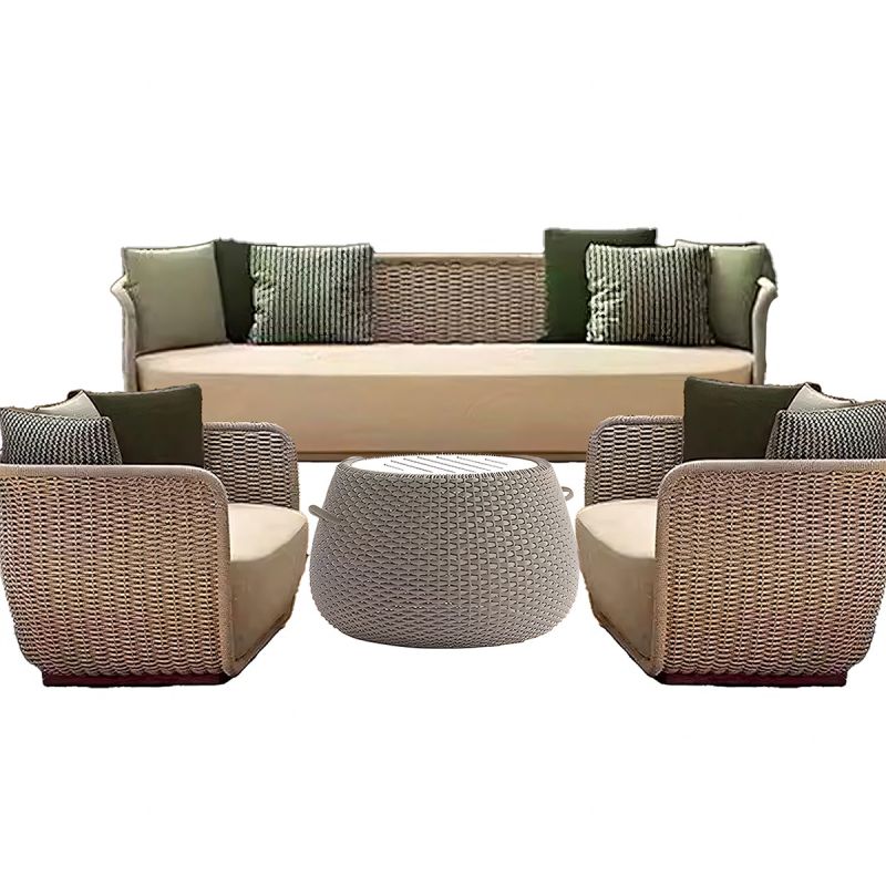 Set mobilier, 2 fotolii, canapea 3 locuri, masuta, terasa gradina, aluminiu, impletitura funie, perne verzi masliniu, NIKO