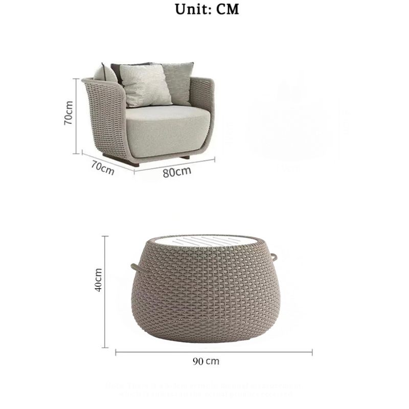 Set mobilier, 2 fotolii, canapea 3 locuri, masuta, terasa gradina, aluminiu, impletitura funie, perne verzi masliniu, NIKO