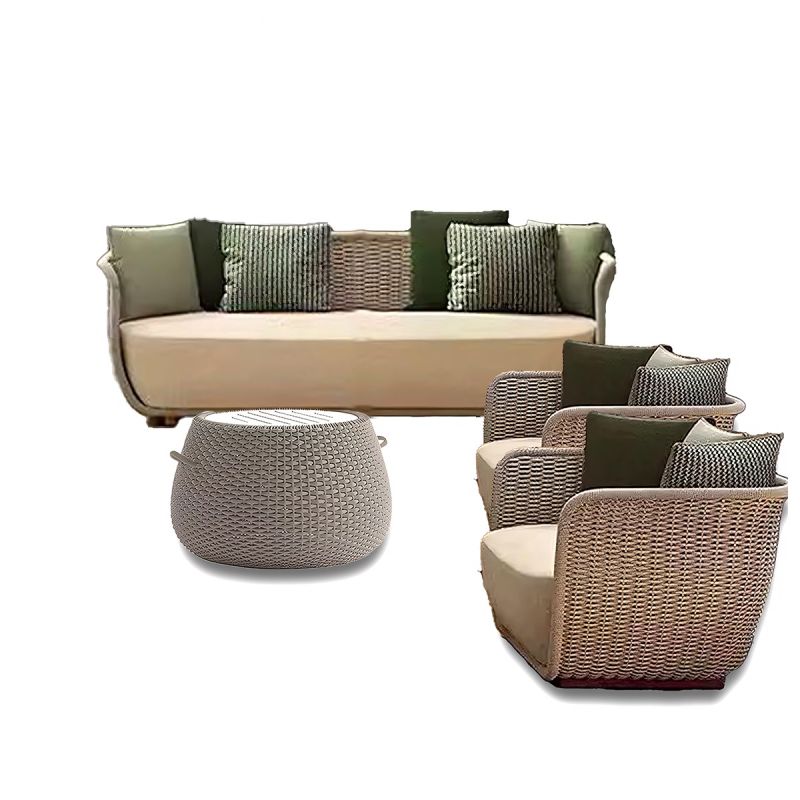 Set mobilier, 2 fotolii, canapea 3 locuri, masuta, terasa gradina, aluminiu, impletitura funie, perne verzi masliniu, NIKO
