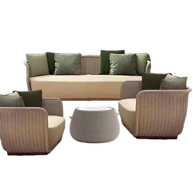 Set mobilier, 2 fotolii, canapea 3 locuri, masuta, terasa gradina, aluminiu, impletitura funie, perne verzi masliniu, NIKO