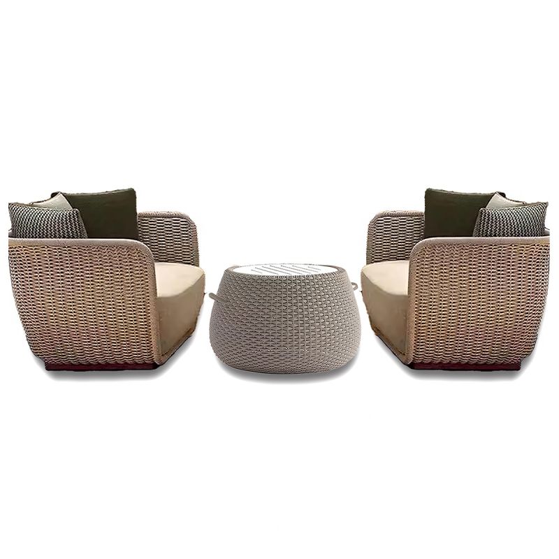 Set mobilier, 2 fotolii, canapea 3 locuri, masuta, terasa gradina, aluminiu, impletitura funie, perne verzi masliniu, NIKO