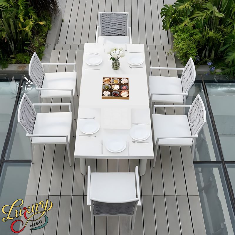 Set mobilier, 6 scaune, impletitura tip funie, terasa sau gradina, masa extensibila, Torino
