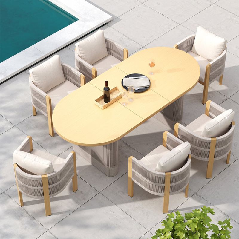 Set mobilier, 6 scaune, masa extensibila, terasa sau gradina, aluminiu si impletitura tip funie, perne incluse, Riviera