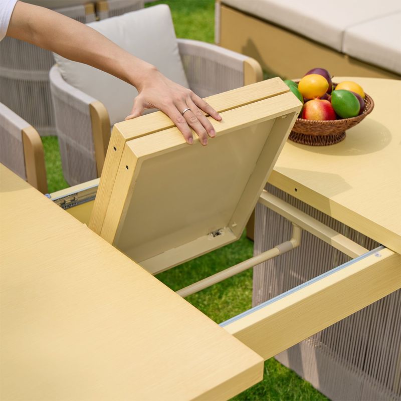 Set mobilier, 6 scaune, masa extensibila, terasa sau gradina, aluminiu si impletitura tip funie, perne incluse, Riviera