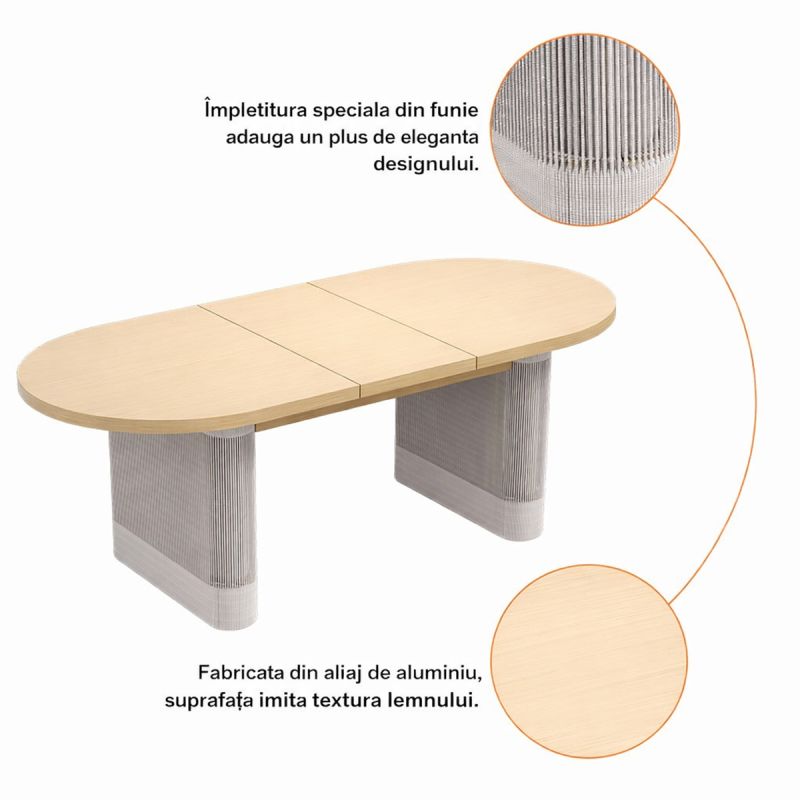 Set mobilier, 6 scaune, masa extensibila, terasa sau gradina, aluminiu si impletitura tip funie, perne incluse, Riviera