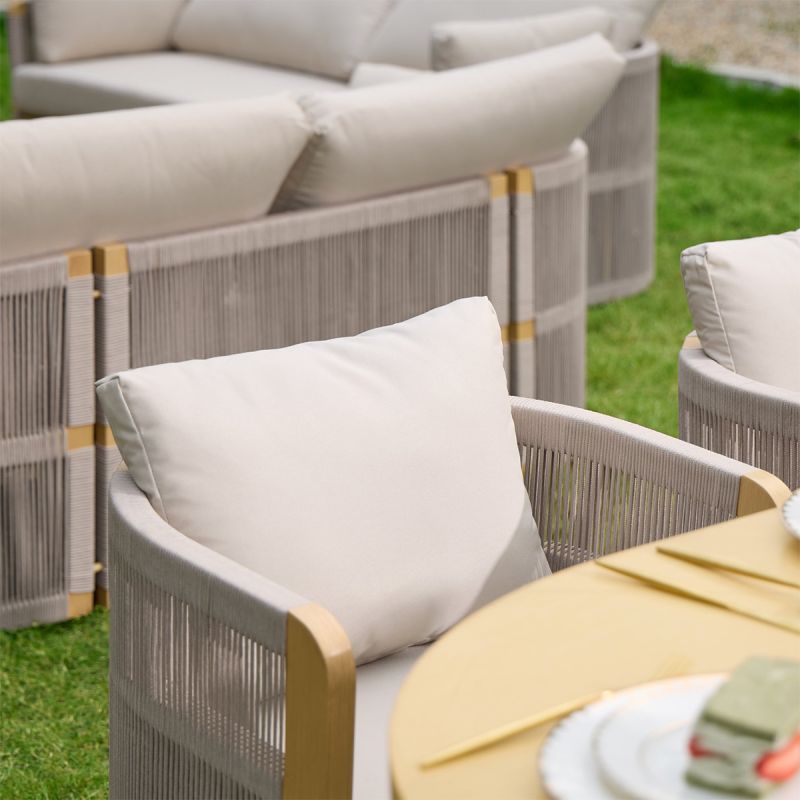 Set mobilier, 6 scaune, masa extensibila, terasa sau gradina, aluminiu si impletitura tip funie, perne incluse, Riviera