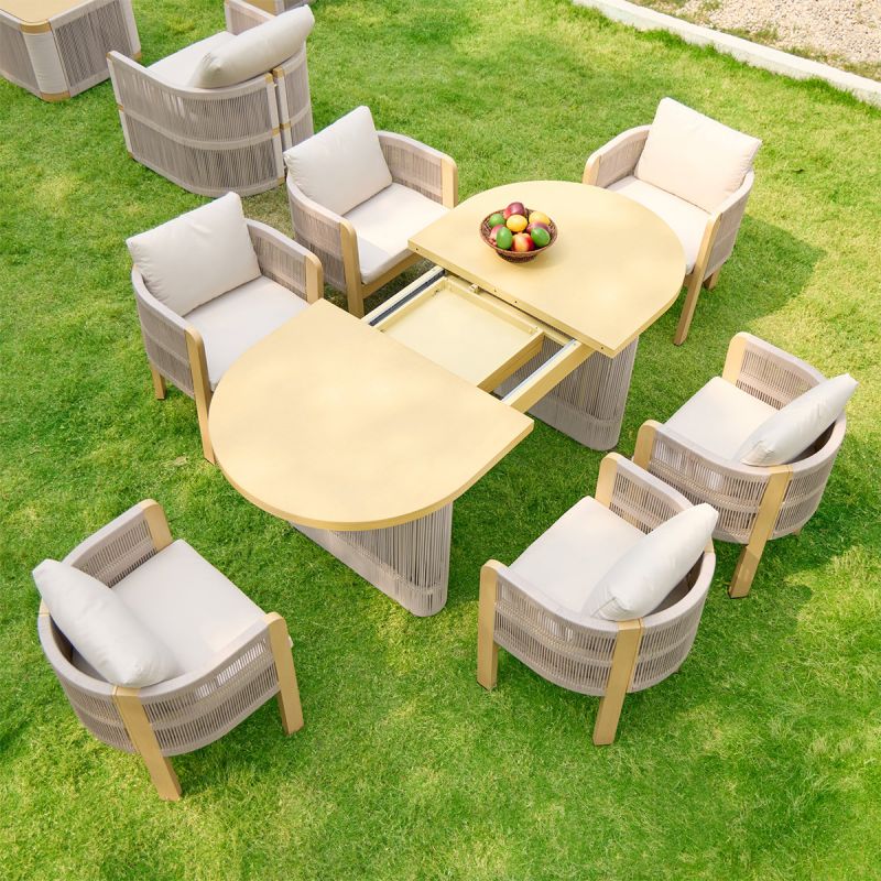 Set mobilier, 6 scaune, masa extensibila, terasa sau gradina, aluminiu si impletitura tip funie, perne incluse, Riviera